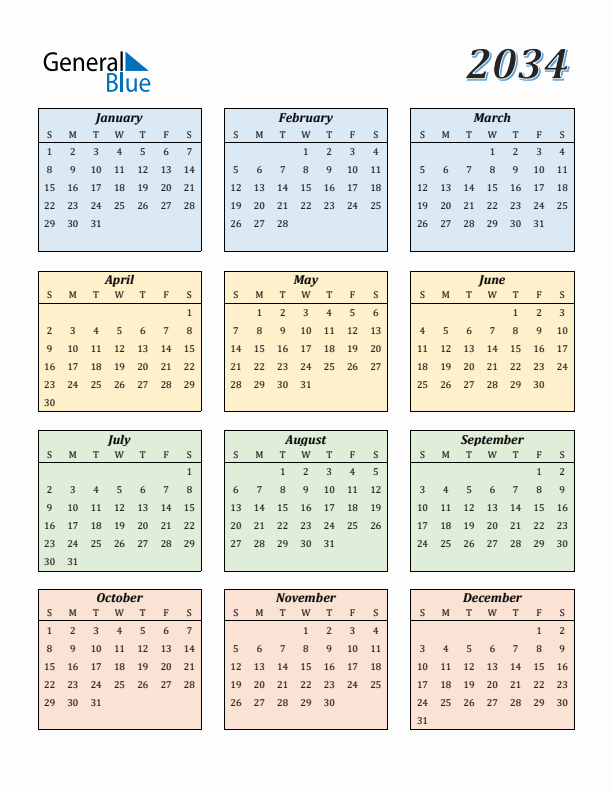Calendar for 2034 (Sunday Start)