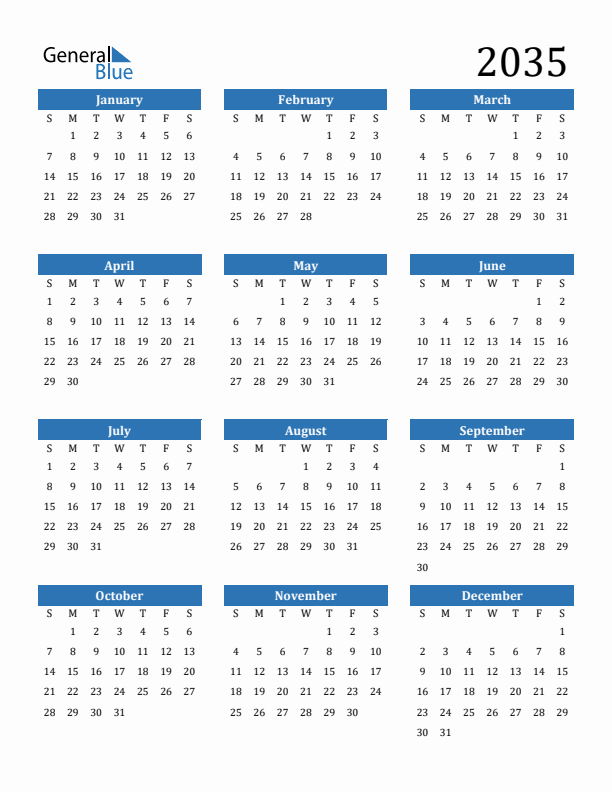 Free 2035 Calendars in PDF, Word, Excel