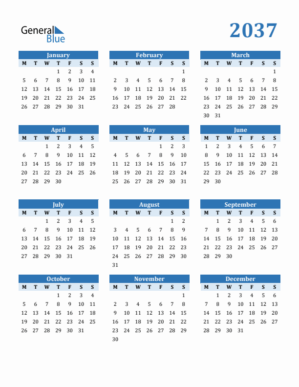2037 Year Calendar with Monday Start