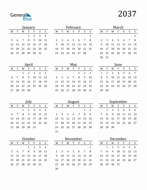Free Printable Calendar 2037 with Monday Start
