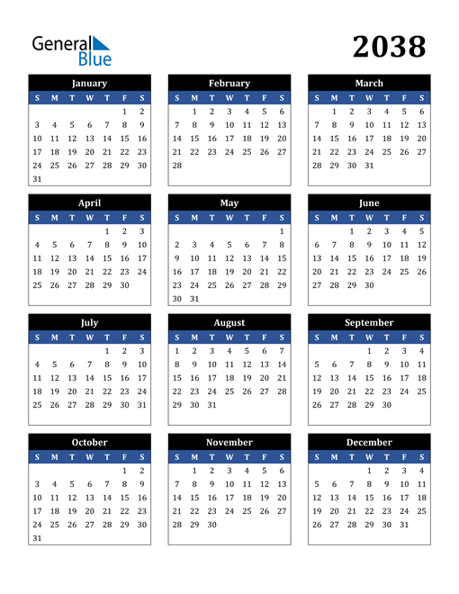 2038 Calendar (PDF, Word, Excel)