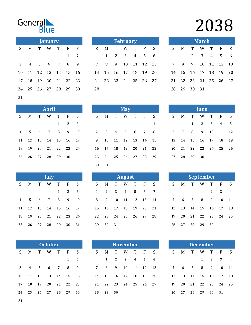 2038 Calendar (PDF, Word, Excel)
