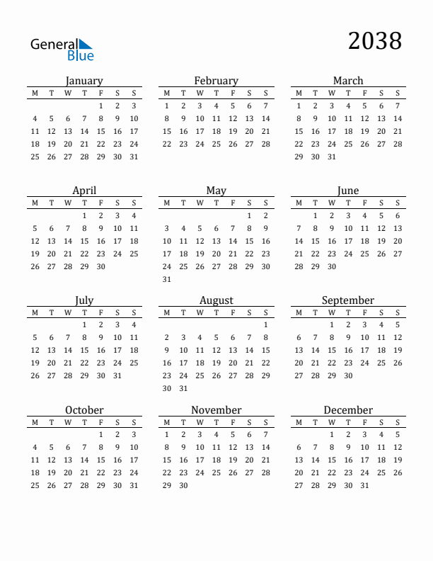 Free Printable Calendar 2038 with Monday Start
