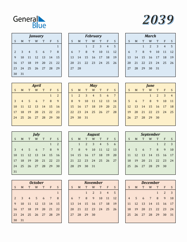 Calendar for 2039 (Sunday Start)