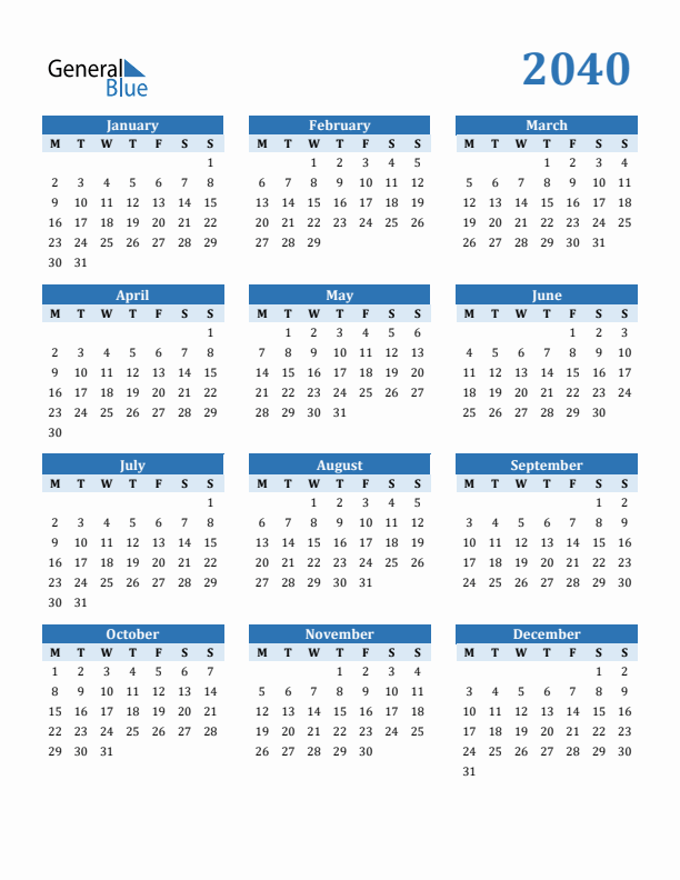 2040 Year Calendar with Monday Start