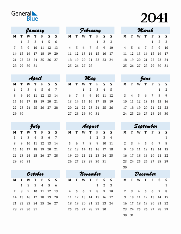 Calendar 2041 Free Download and Print