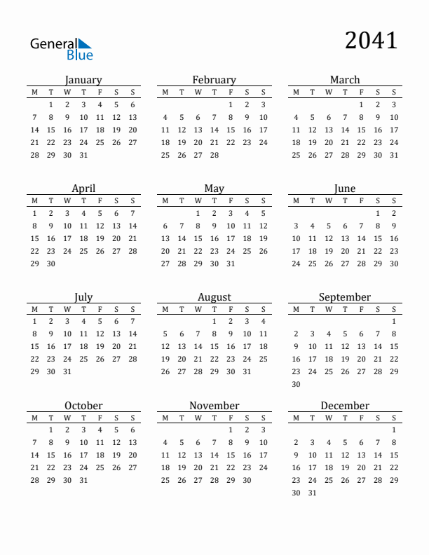 2041 Yearly Calendar Templates with Monday Start