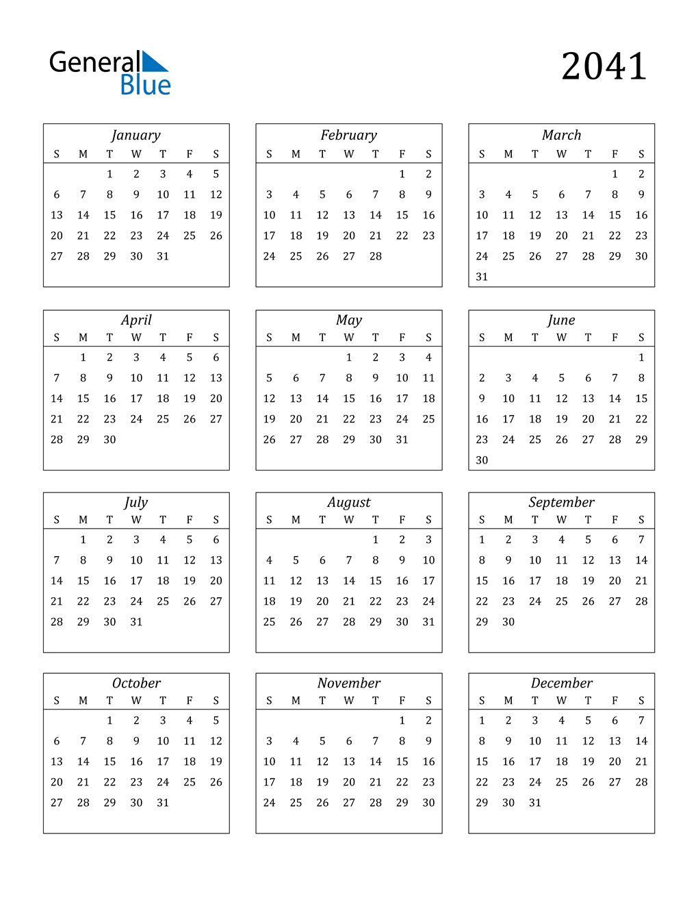 2041 Calendar (PDF, Word, Excel)