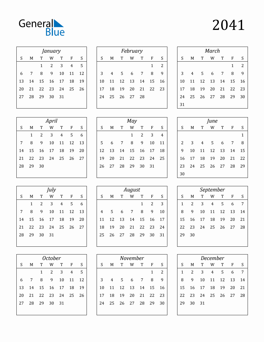 2041 Blank Yearly Calendar Printable