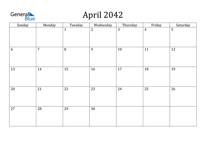 April 2042 Calendar Pdf Word Excel