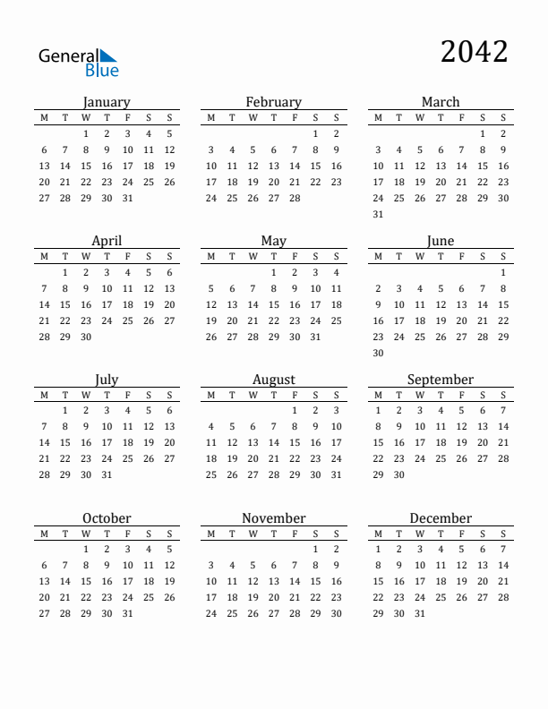 Free Printable Calendar 2042 with Monday Start