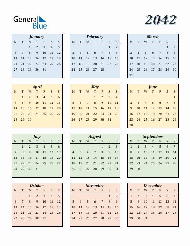 Calendar for 2042 (Monday Start)