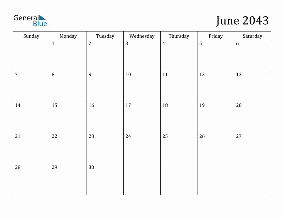 June 2043 Monthly Calendar