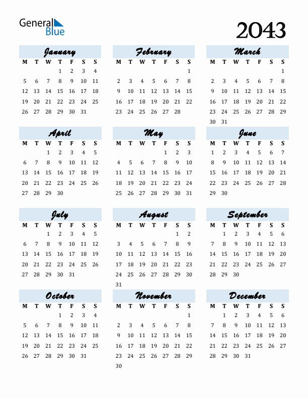 Calendar 2043 Free Download and Print