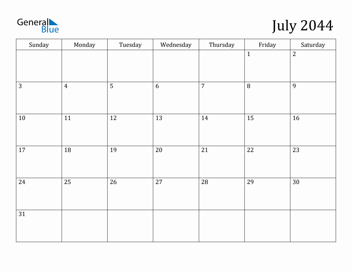 July 2044 Monthly Calendar