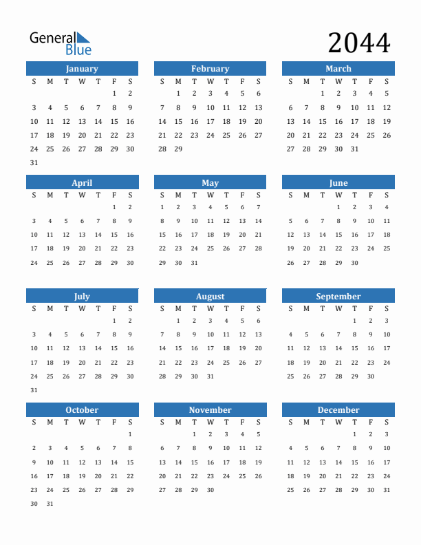 2044 Calendar (PDF, Word, Excel)