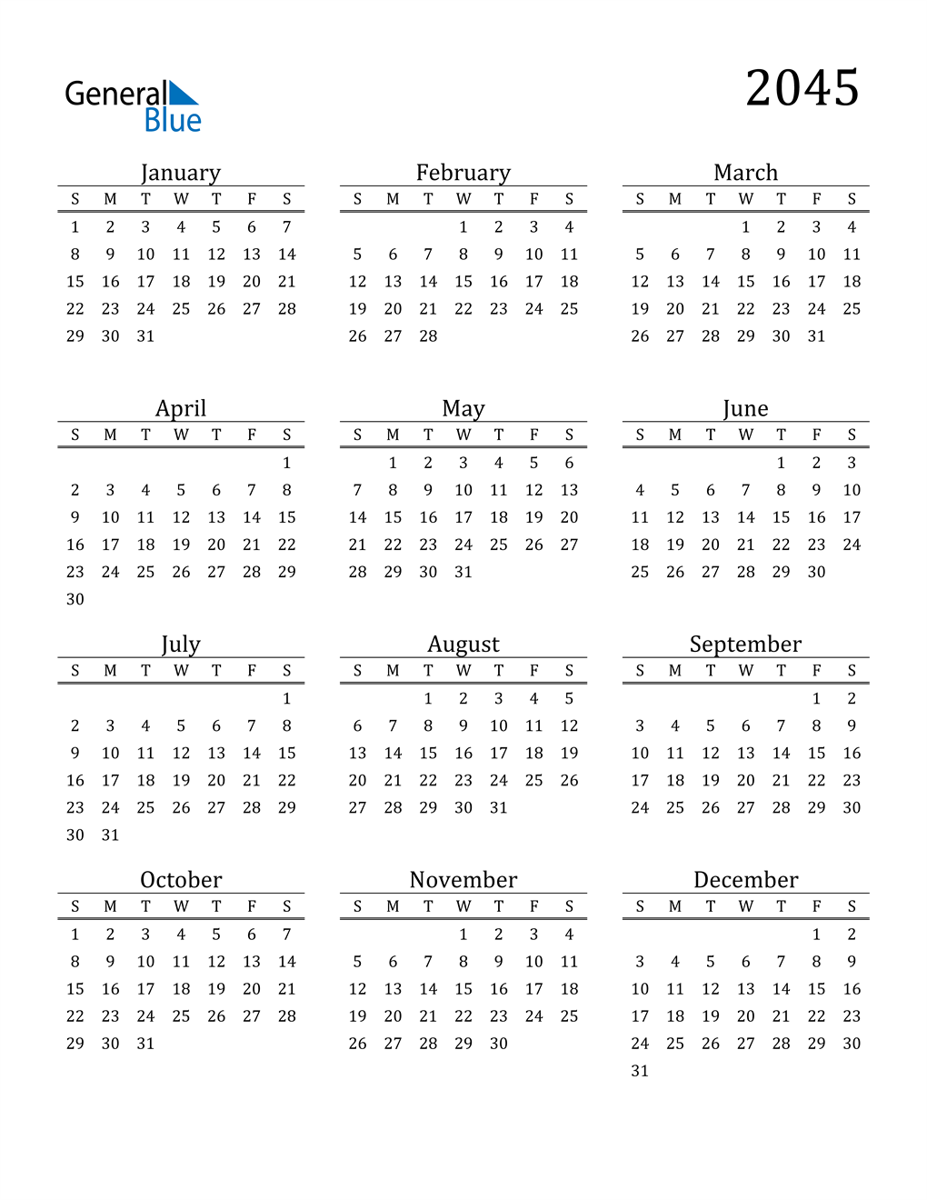 2045 Calendar (PDF, Word, Excel)