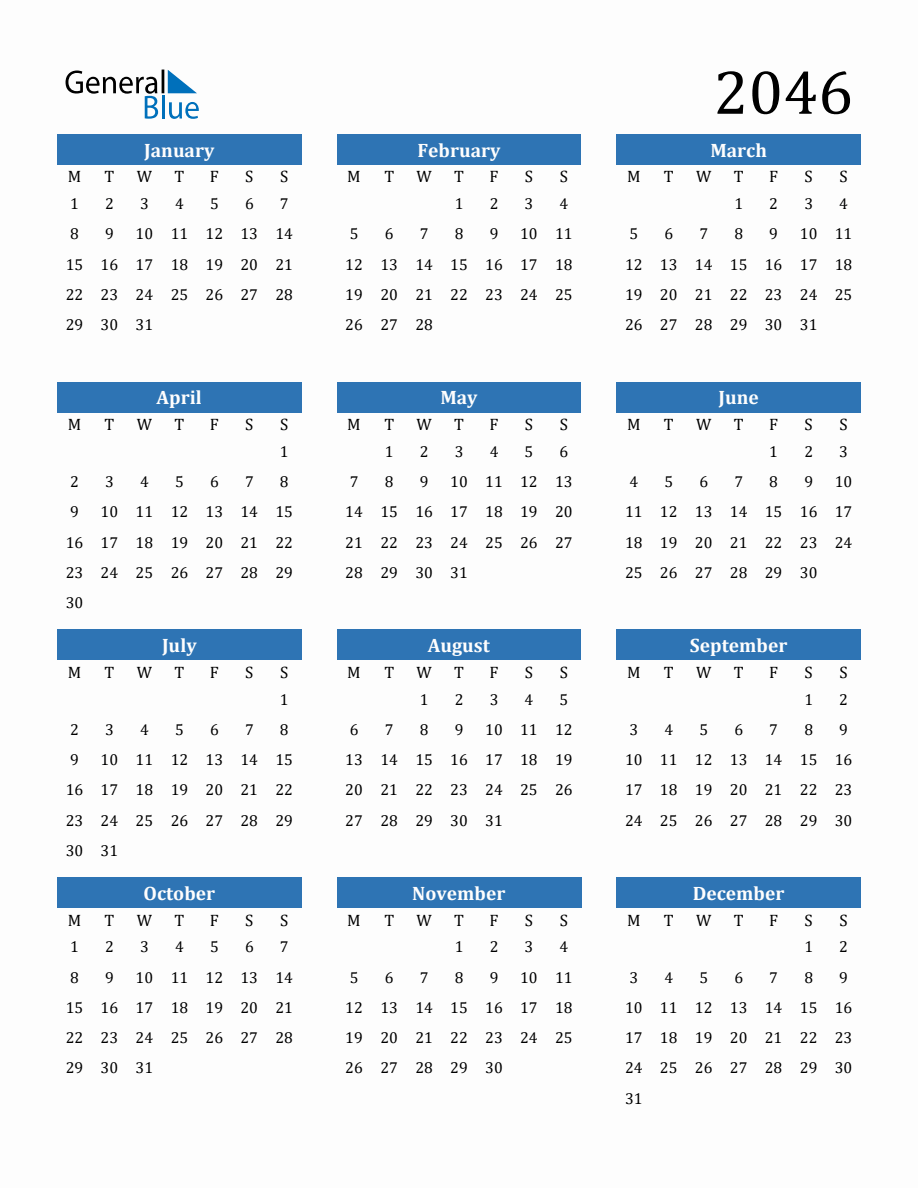 2046 Yearly Calendar