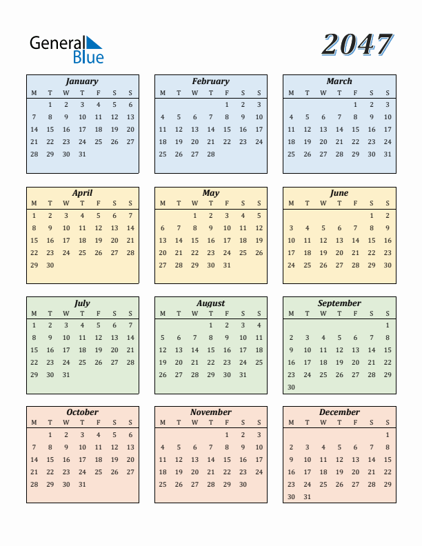 Calendar for 2047 (Monday Start)