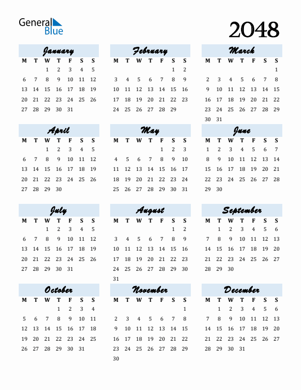 Calendar 2048 Free Download and Print
