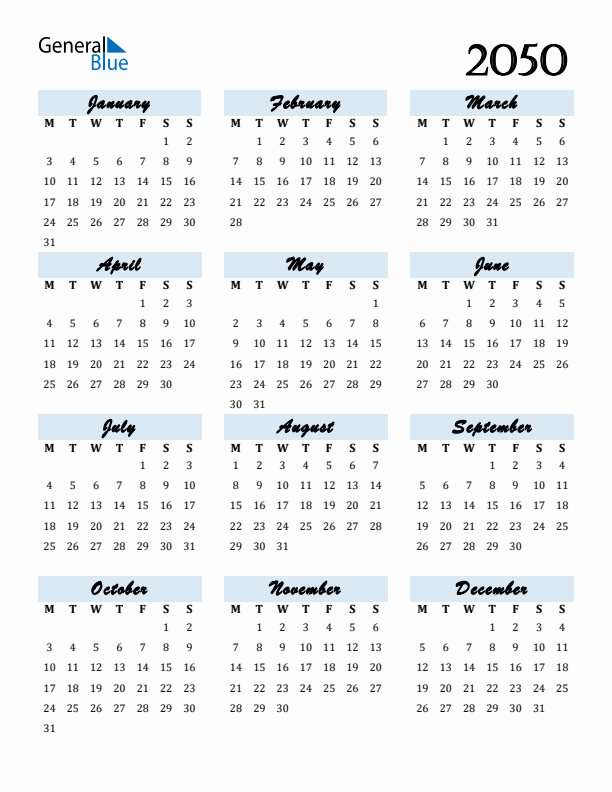 Free Downloadable Calendar for Year 2050