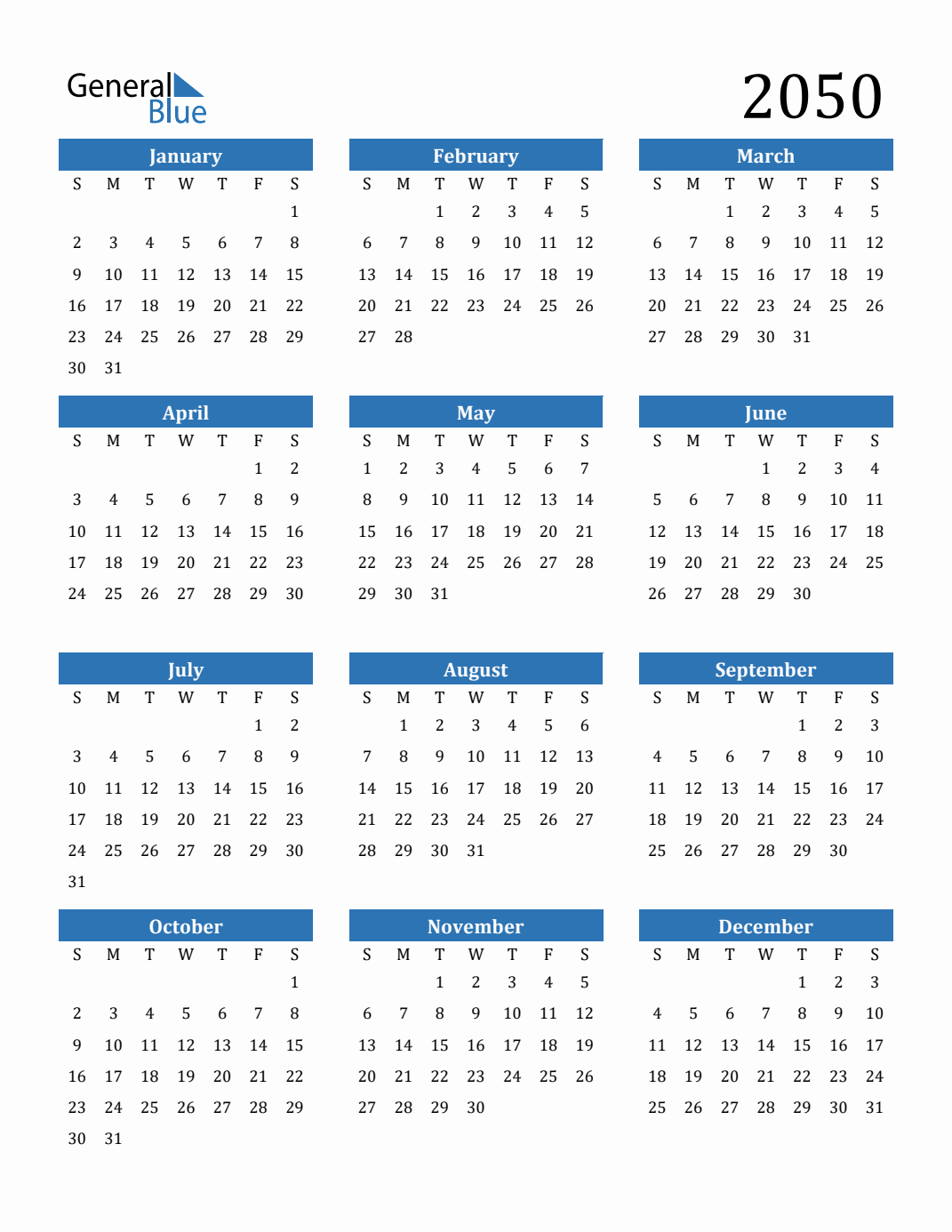 2050 Yearly Calendar Templates with Monday Start