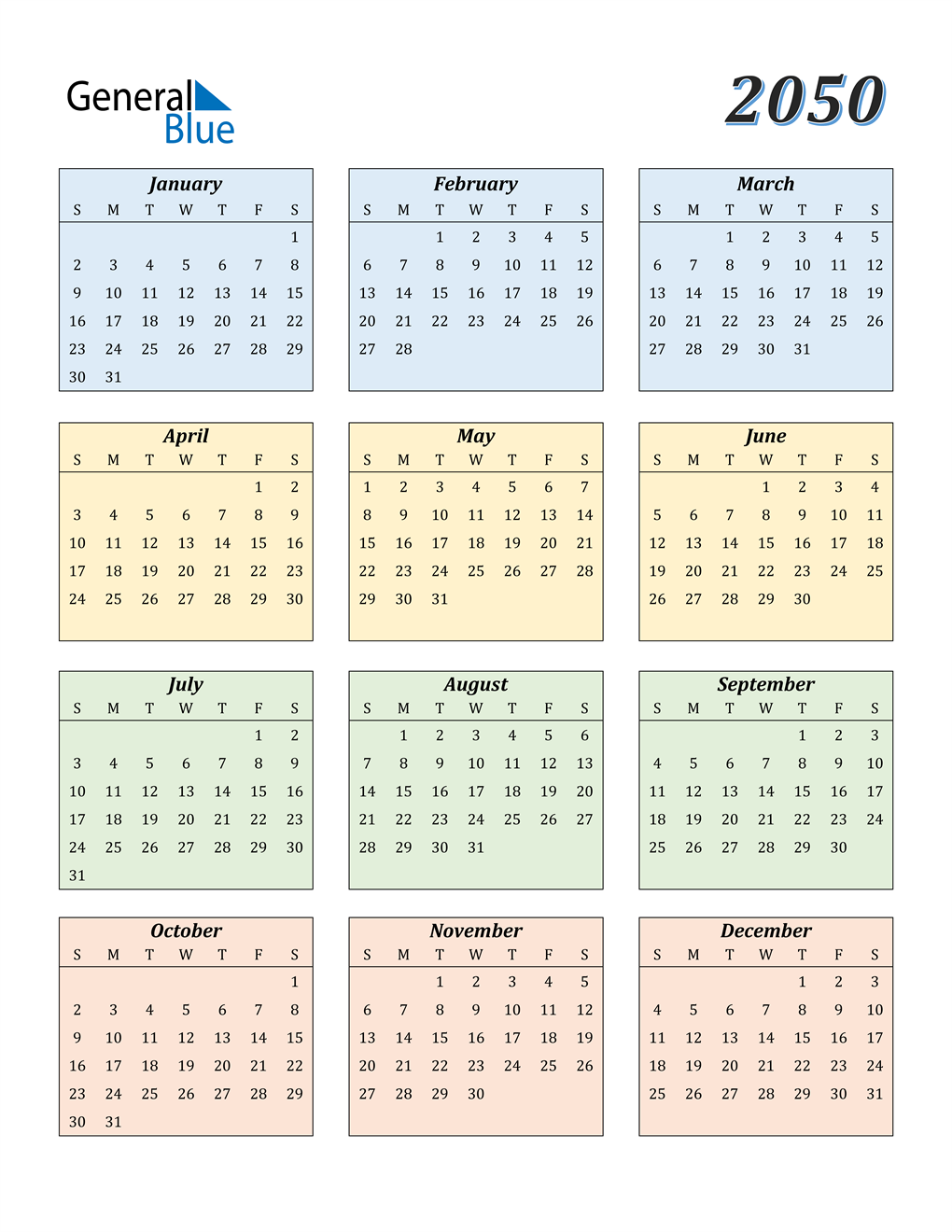 2050 Calendar PDF Word Excel 