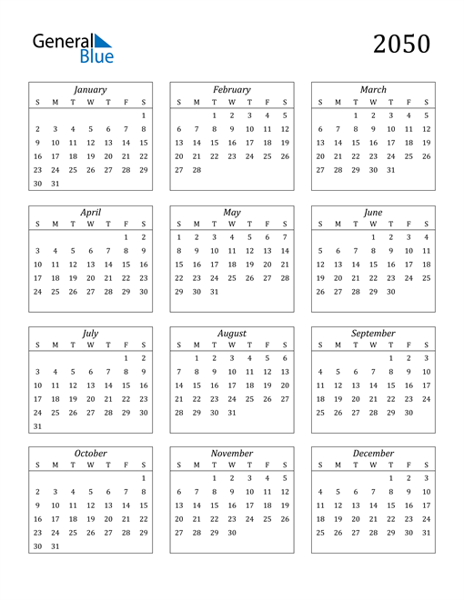 2050 Calendar (PDF, Word, Excel)