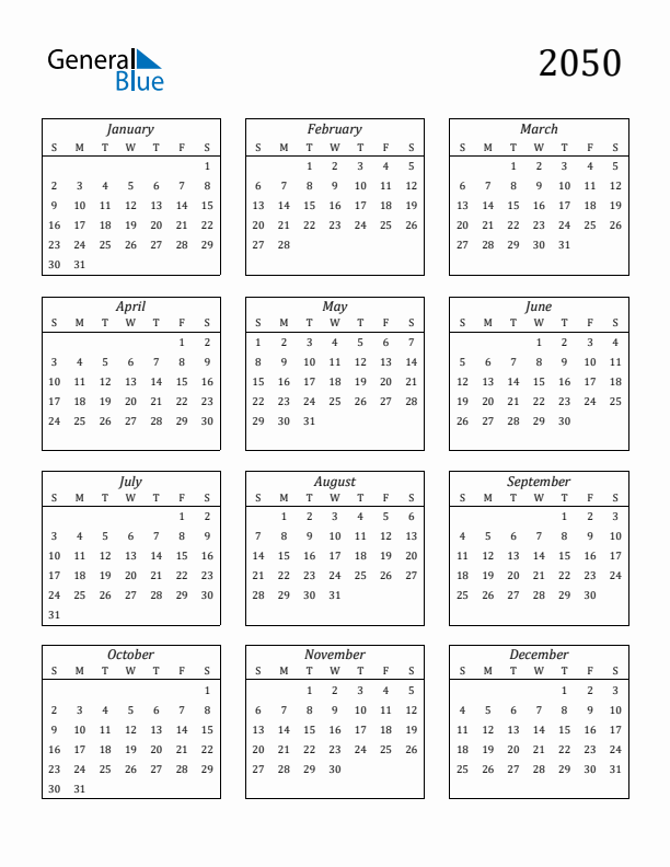 2050 Blank Yearly Calendar Printable
