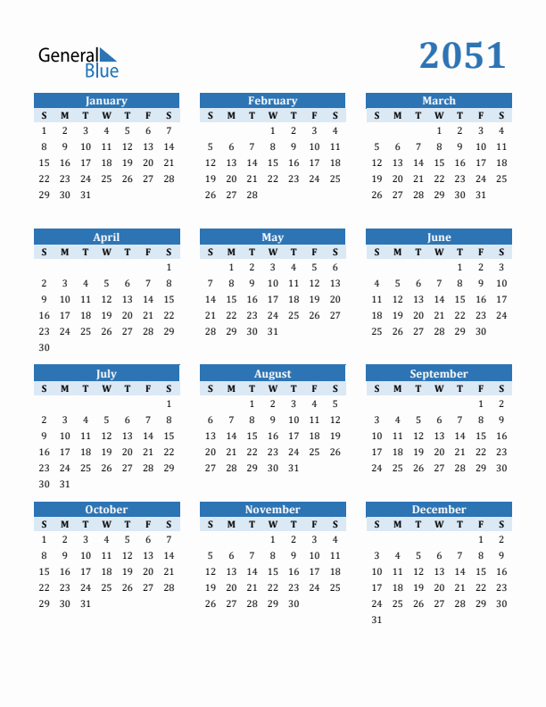 2051 Year Calendar with Sunday Start
