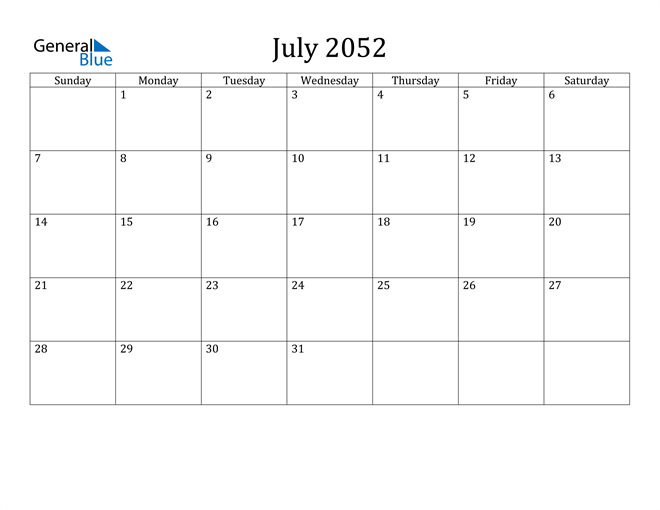 July 2052 Calendar (PDF Word Excel)