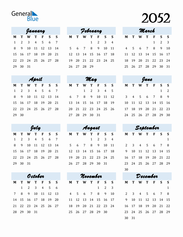 Calendar 2052 Free Download and Print