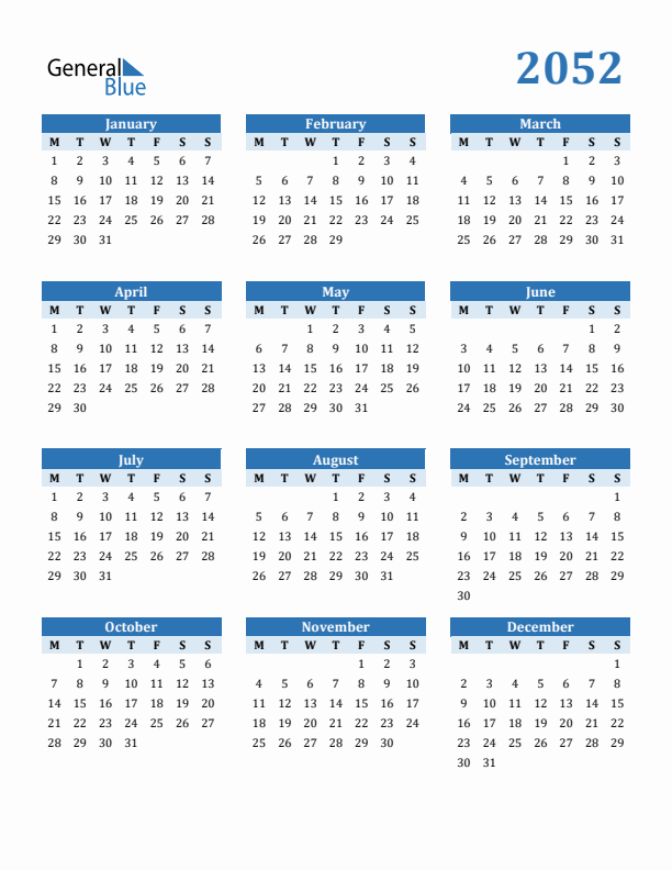 2052 Year Calendar with Monday Start