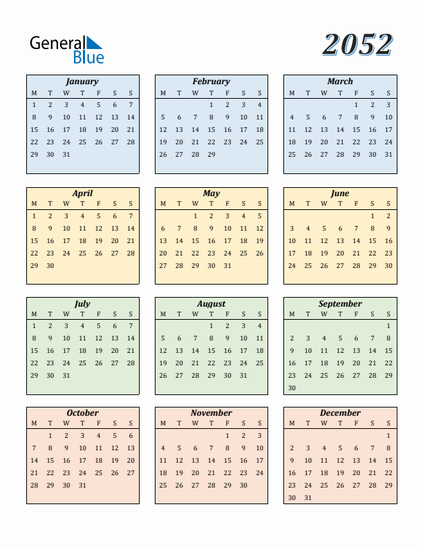 Calendar for 2052 (Monday Start)