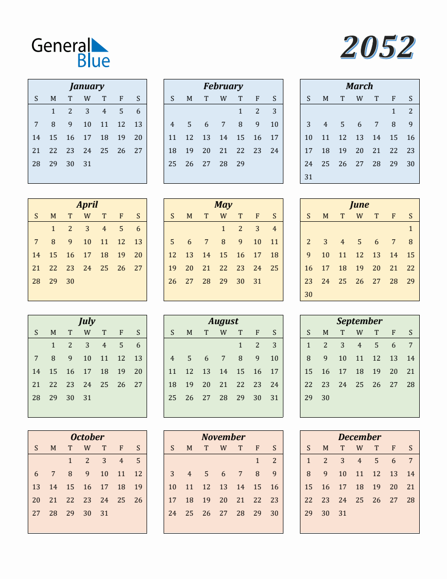 Calendar for Year 2052