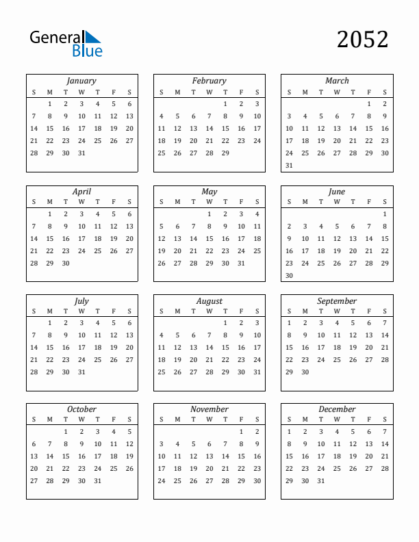 Blank Calendar 2052