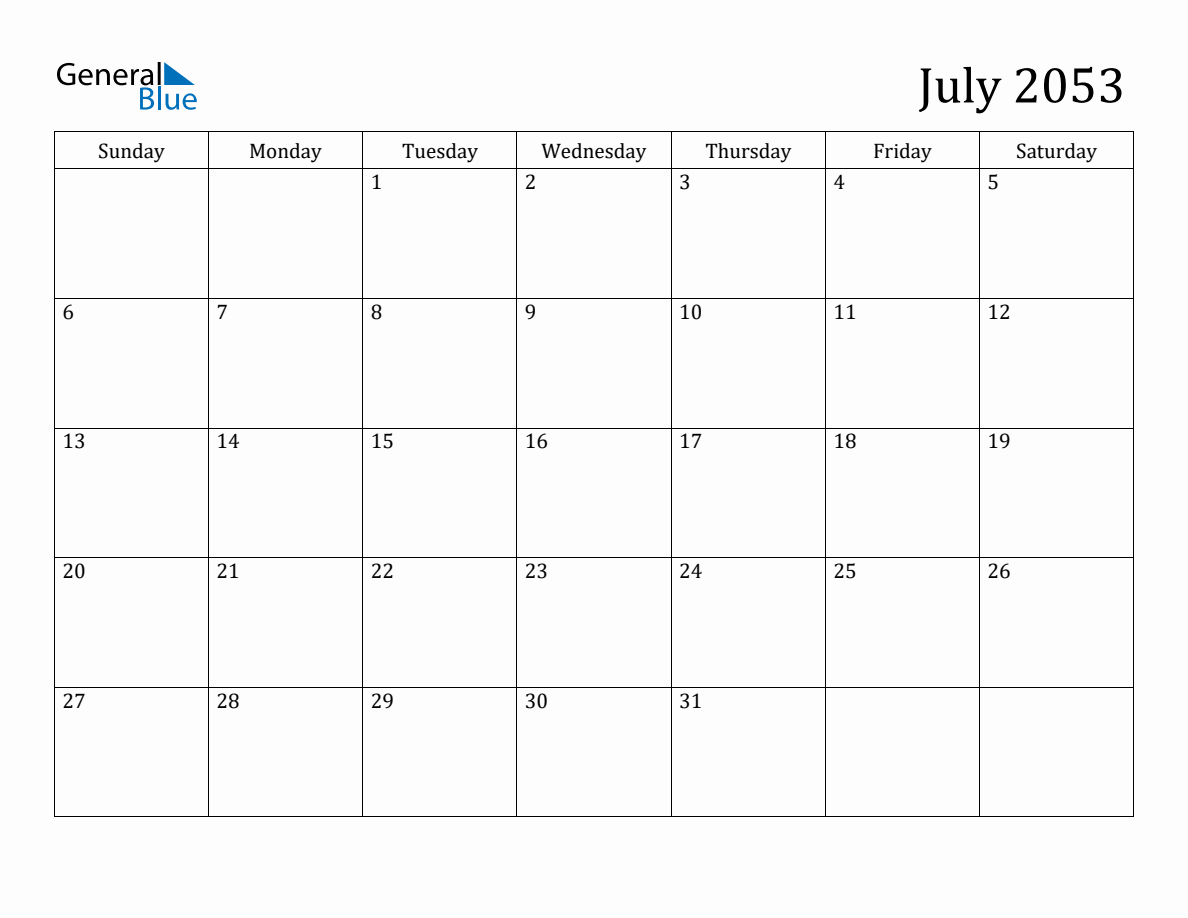July 2053 Monthly Calendar