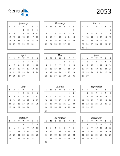 2053 Calendar (PDF, Word, Excel)