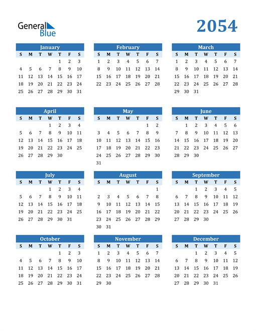 2054 Calendar (PDF, Word, Excel)