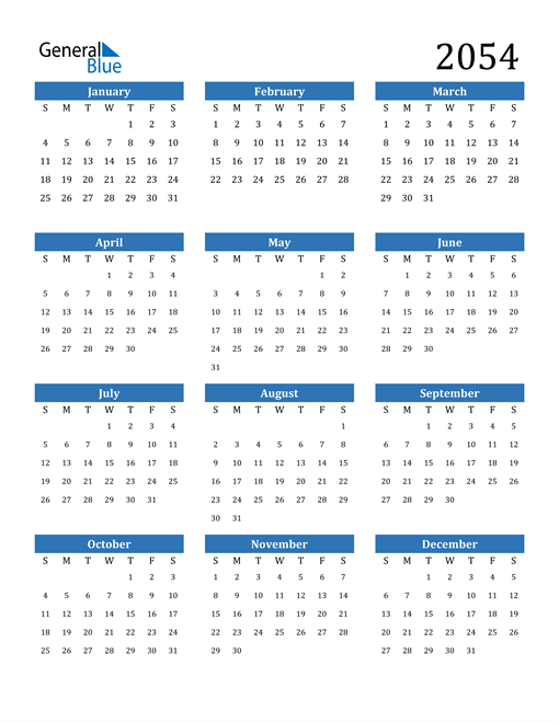 2054 Calendar (PDF, Word, Excel)