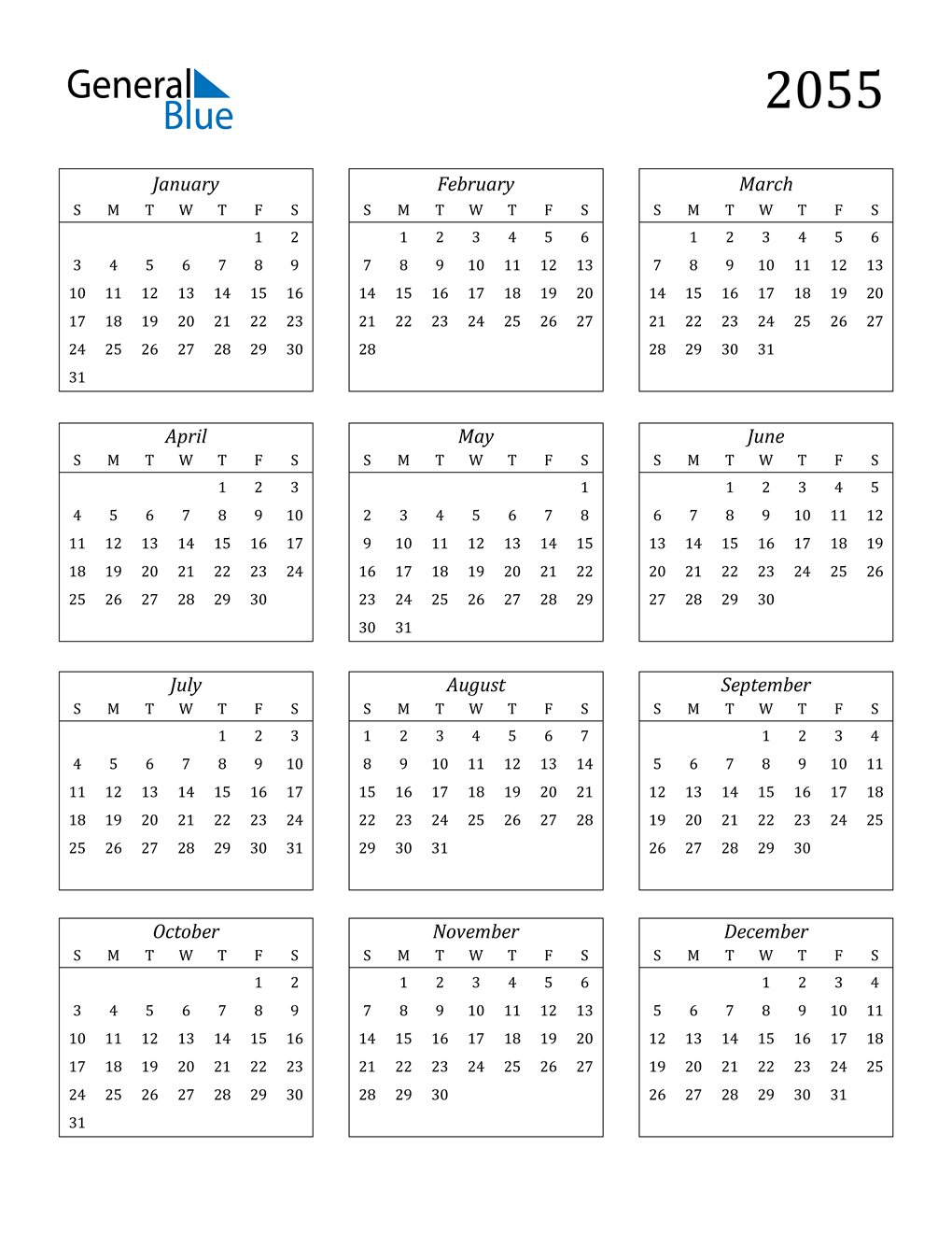 2055 Calendar (PDF, Word, Excel)