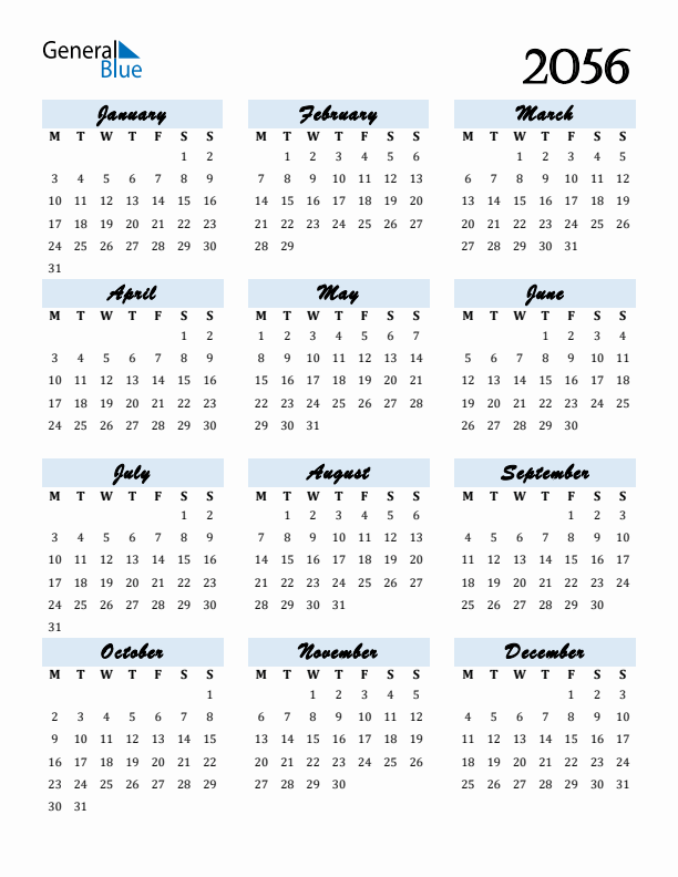 Calendar 2056 Free Download and Print