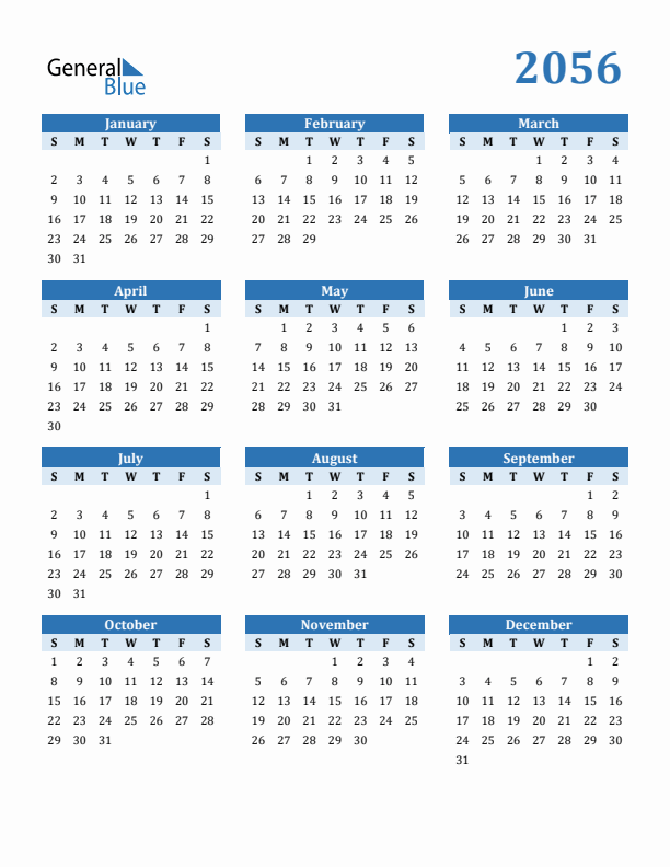2056 Year Calendar with Sunday Start