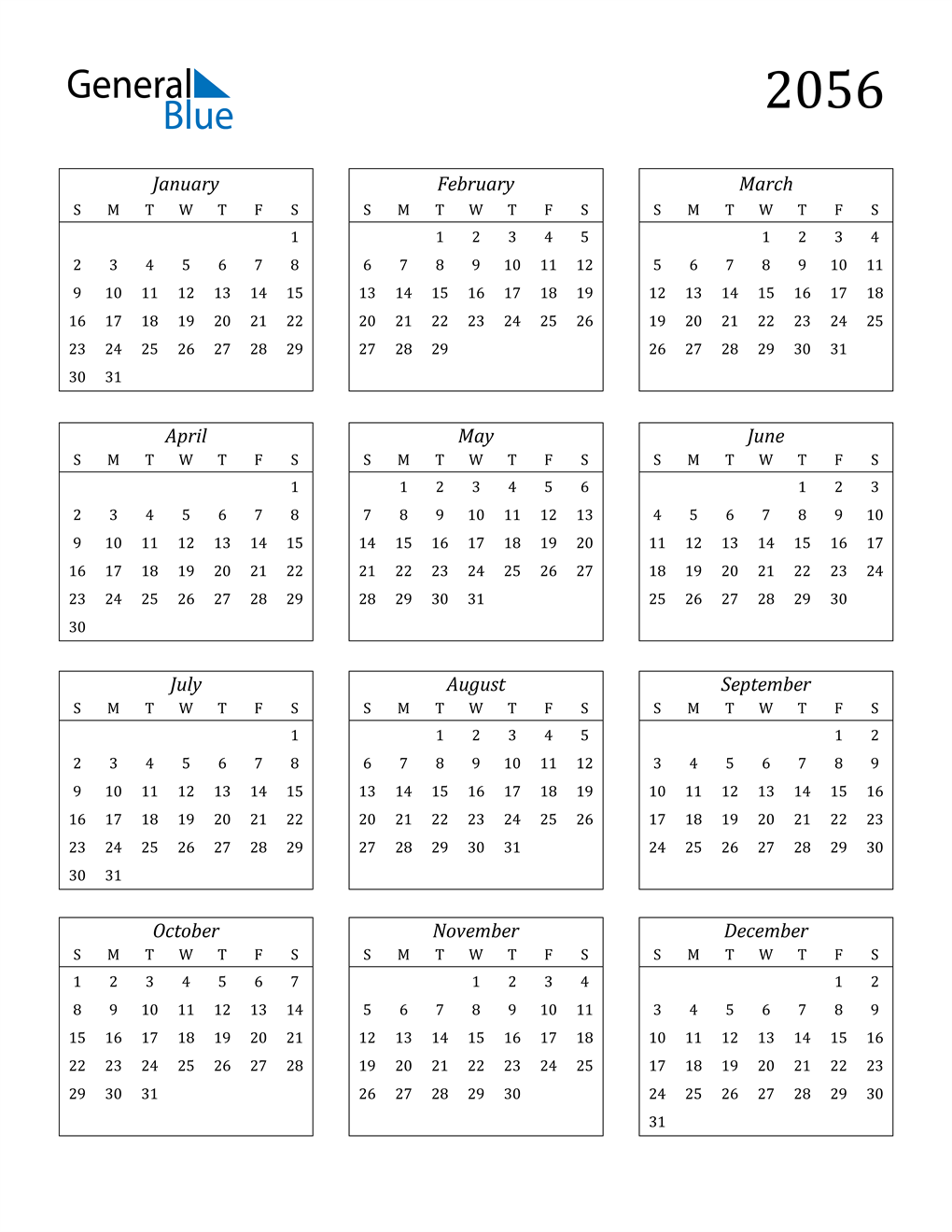 2056 Calendar (PDF, Word, Excel)
