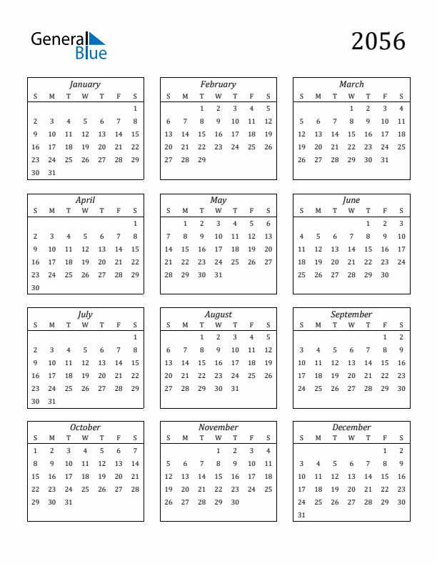 Free 2056 Calendars in PDF, Word, Excel