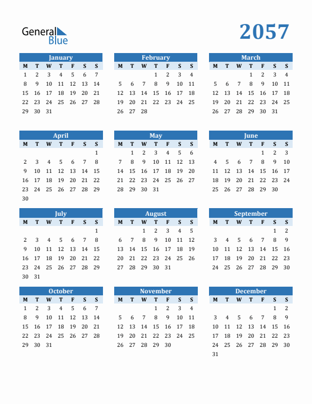2057 Year Calendar with Monday Start