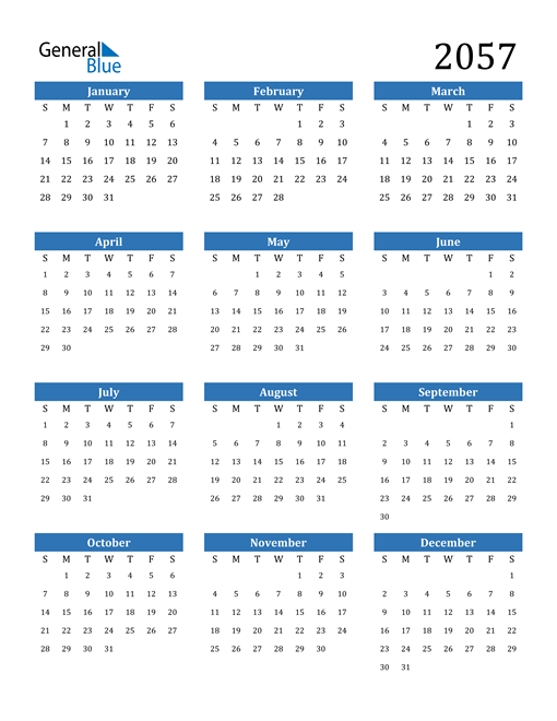 2057 Calendar (PDF, Word, Excel)