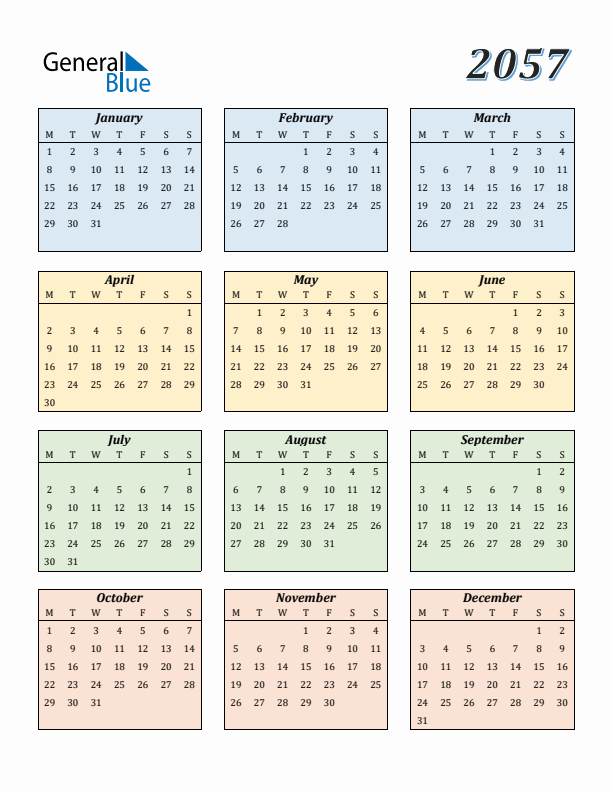 Calendar for 2057 (Monday Start)