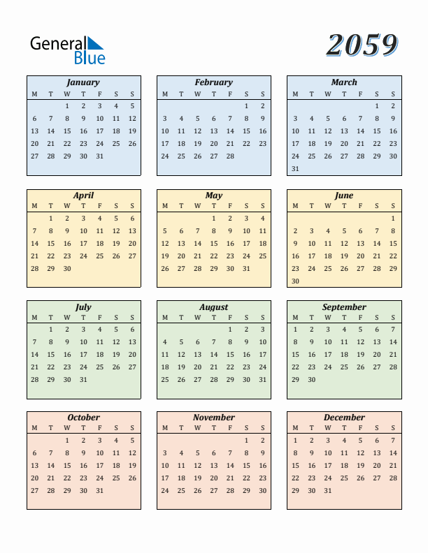 Calendar for 2059 (Monday Start)