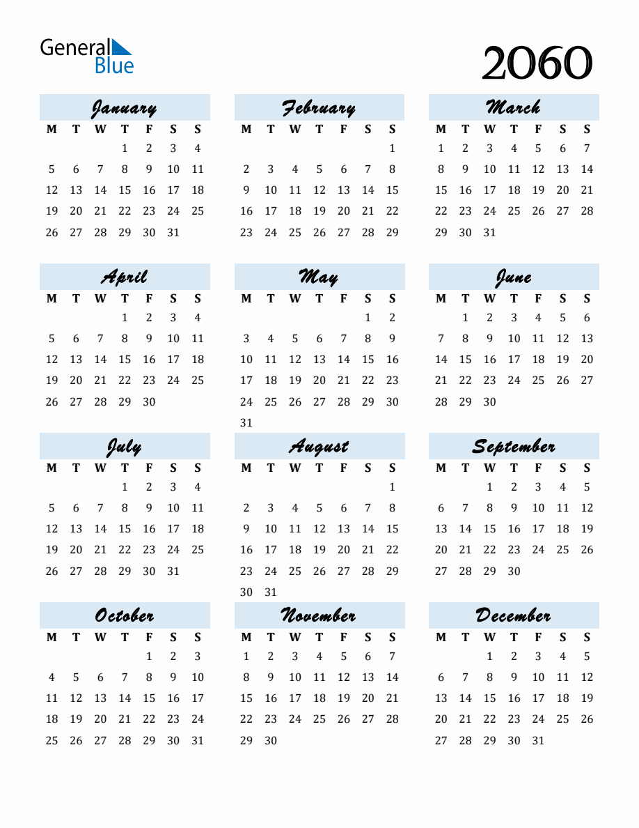 Free Downloadable Calendar for Year 2060